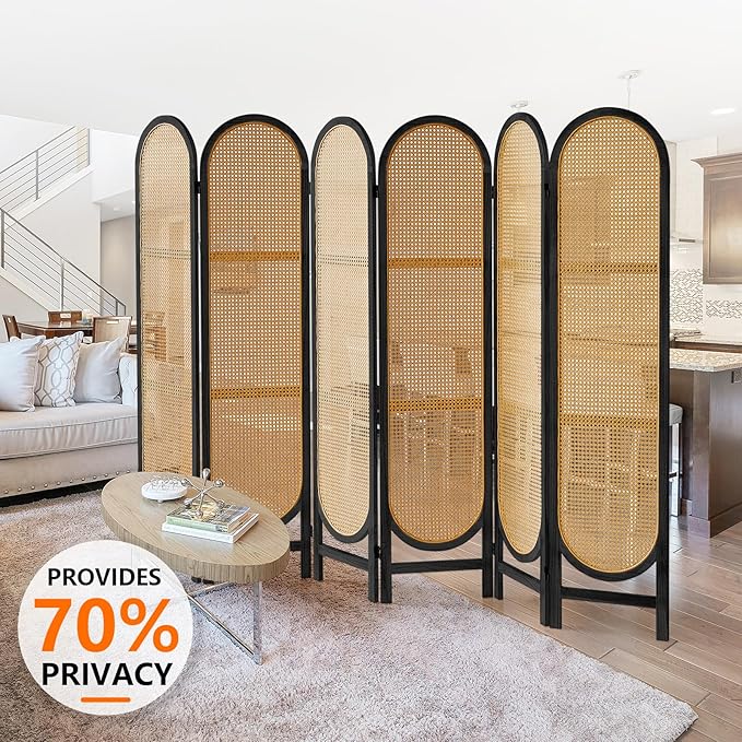 6 Panels Room Divider, Foldable Wooden Room Divider, Individual Privacy Screen Made of Hand-Woven Rattan, Portable Wall Divider for Home Office Bedroom Bathroom Dressing Room (Black Natural)