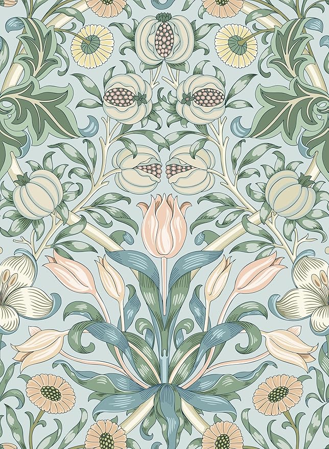 17.3"x394" Peel and Stick Vintage Floral Contact Paper Blue Background Pink Pomegranate Flower William Morris Wallpaper Self Adhesive Wall Paper Removable
