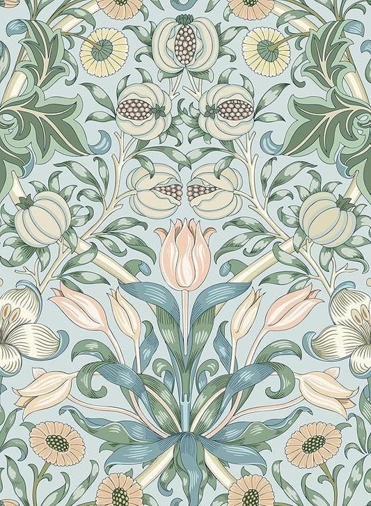 17.3"x394" Peel and Stick Vintage Floral Contact Paper Blue Background Pink Pomegranate Flower William Morris Wallpaper Self Adhesive Wall Paper Removable