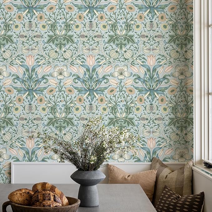 17.3"x118" Peel and Stick Wallpaper Floral Contact Paper Blue Background Pink Pomegranate Flower Wallpaper Self Adhesive Wall Paper Removable Modern Wallpaper for Living Room Funiture Decor