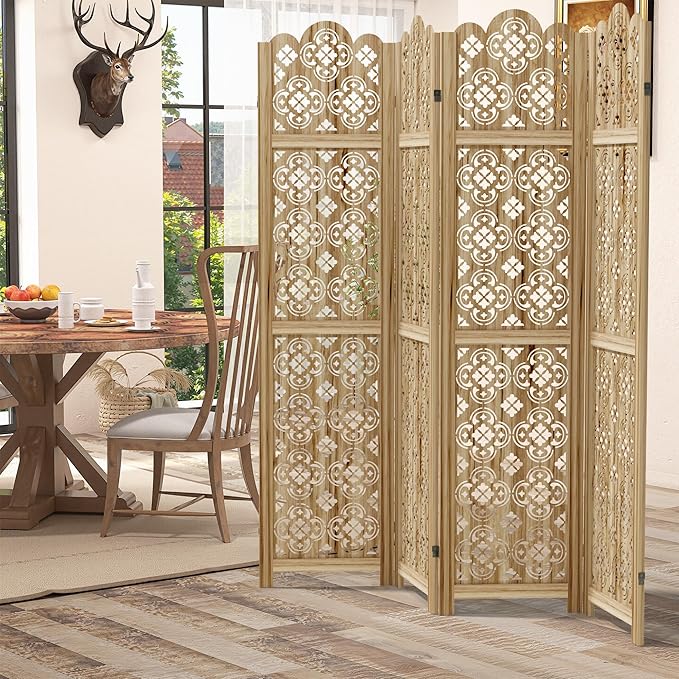 Casaphoria 4 Panels Room Divider, Folding Screen Room Divider with Copper Coin Pattern for Home Office, Restaurant and Bedroom, Paulownia Wood, 66" W x 67" H (Natural)