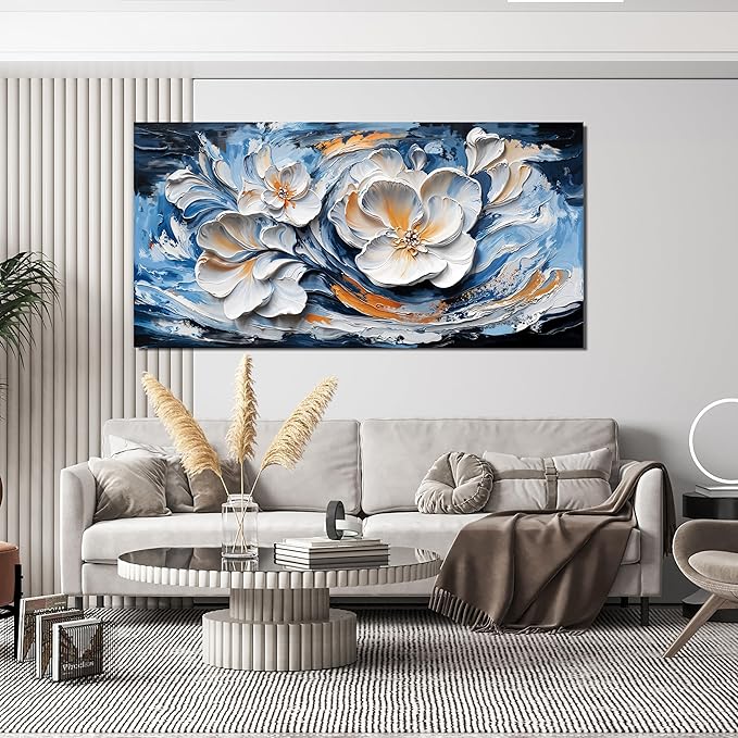 Large Canvas Wall Art Decor Wall Art Pictures for Living Room Abstract Canvas Art Wall Decor Blue White Wall Art Prints Modern Flower Wall Art Decorations Bederoom Office Home Decor 24" X 48"