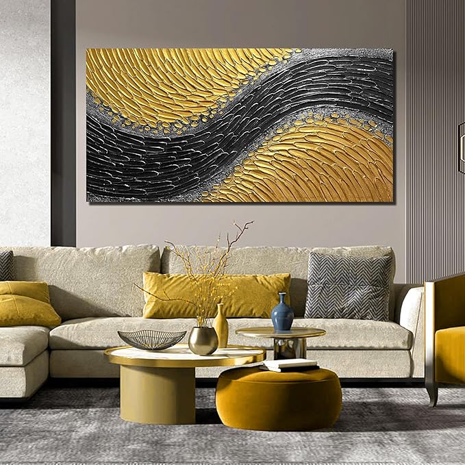 Black and Gold Hand Painted Oil Painting for Bedroom Abstract Pictures for Living Room Large 3D Textured Canvas Wall Art for Office Size 29 x 58 Inch