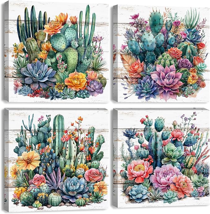 Colorful Tropical Plant Wall Art Vintage Cactus Floral Picture for Bathroom Mexican Spiny Flower Painting Canvas Prints Living Room Bedroom Boho Southwest Succulent Artwork Home Decorations 20x20" 4P