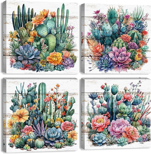 Colorful Tropical Plant Wall Art Vintage Cactus Floral Picture for Bathroom Mexican Spiny Flower Painting Canvas Prints Living Room Bedroom Boho Southwest Succulent Artwork Home Decorations 20x20" 4P