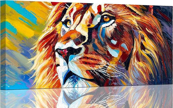 AmoyArt Large Lion Wall Art for Living Room, Animal Canvas Wall-Decor for Bedroom, Colorful Print Picture for Home, Size 58x29 Inches