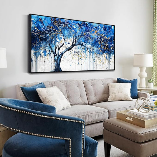 Blue Tree Wall Art Bedroom - Modern Canvas Art Wall Decor for Living Room - Framed Wall Art Size 24" x 48"