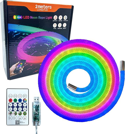 6.56ft Neon LED Rope Lights, 360 Led Light Strip Waterproof Strip with Music Sync,Remote & APP Control,USB-Powered Flexible Lighting for Indoor/Outdoor Gaming Room,Bedroom, and Wall Decor