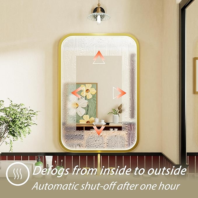 16x24 Inch Gold LED Bathroom Mirror with Lights, Adjustable 3000K/4500K/6000K, Wall Mounted Framed Lighted Bathroom Vanity Mirrors, Anti-Fog, Dimmable, Memory Funtiom, Horizontal/Vertical