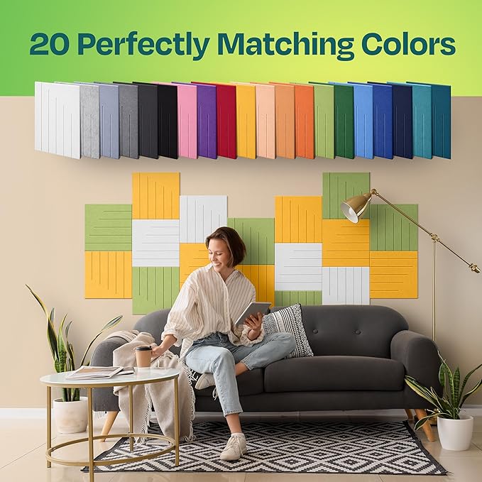 Acoustic Panels 12-Pack Soundproof Wall Panels 12"x12"x0.4" Decorative Sound Dampening for Your Home, Office, Studio, Bedroom & More with Unique LineWave Carving [Yellow Orange Gold]