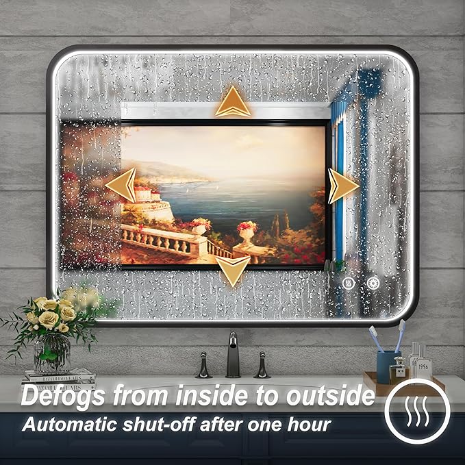 40x30 Inch Black LED Mirror Bathroom with Lights, 3000K/4500K/6000K, Wall Mounted Lighted Vanity Mirrors for Bathroom, Anti-Fog, Stepless Dimmable, Memory Funtion, Horizontal/Vertical