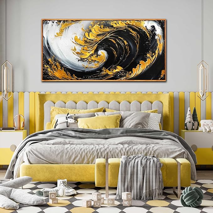 Abstract Canvas Art - Black and Gold Framed Wall Art for Living Room - Ocean Pictures Wall Art Canvas Size 29" x 59"