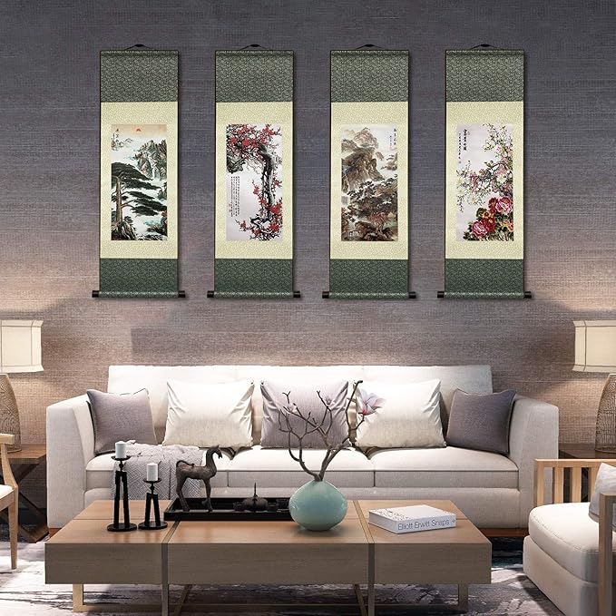 AtfArt Asian Wall Decor Beautiful Silk Scroll Painting Birds - A Hundred Birds Respect The Phoenix Oriental Decor Chinese Art Wall Scroll Wall Hanging Painting Scroll (36.2 x 12 in)