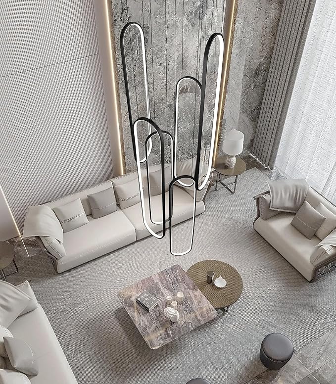 6-Rings Modern Chandelier, LED Black Large Contemporary Light for Staircase, Dimmable Flush Mount High Ceiling Chandeliers with Remote Control for Villa Foyer