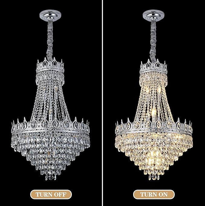 KoKo&Yukina Chrome 23.6" French Empire Crystals Chandeliers 14 Lights K9 Crystal Chandeliers Modern Adjustable Hanging Chandelier Farmhouse Crystal Chandelier for Living Room Dining Room Bedroom