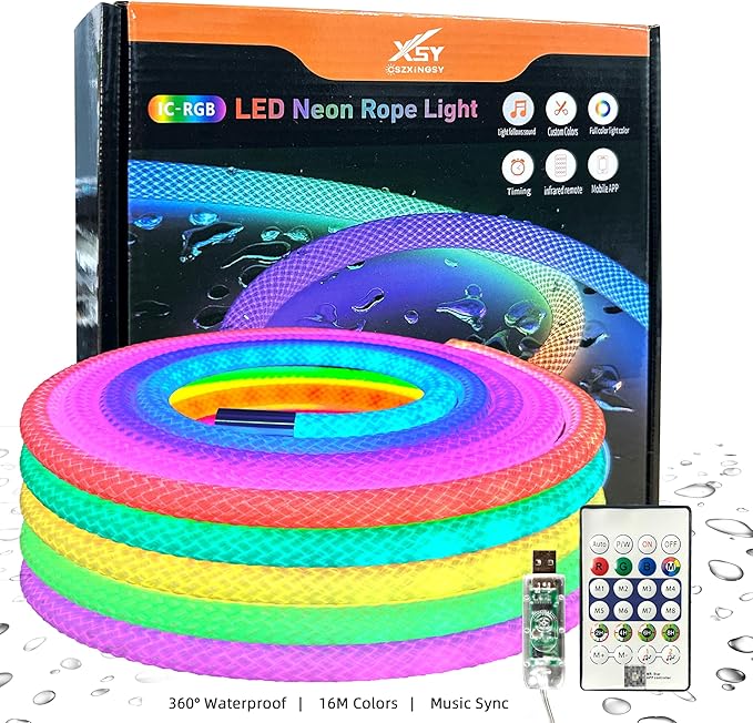 16.4ft Neon LED Rope Lights, 360 Led Light Strip Waterproof Strip with Music Sync,Remote & APP Control,USB-Powered Flexible Lighting for Indoor/Outdoor Gaming Room,Bedroom, and Wall Decor