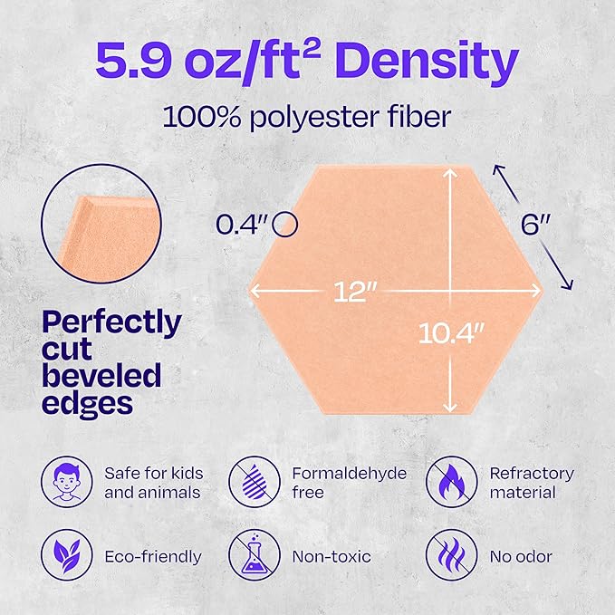 Acoustic Panels 12-Pack Soundproof Wall Panels 12"X10.4"X0.4" Sound Panels High Density Sound Dampening Panels - [Peach Beige Hexagon]