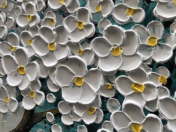 3D Abstract Art Oil Painting White Flower Tree Painting Textured Palette Knife White Flower Painting Modern Canvas Wall Art Home Decoration Home Painting (24x48 inches)