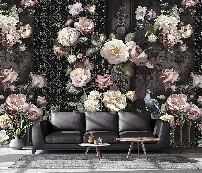 Cliouar-Black Fence Bird Peacock Pink Yellow White Rose 3D Mural Wallpaper Bedroom Living Room Decor 158" x 110"(Not Self-Adhesive)