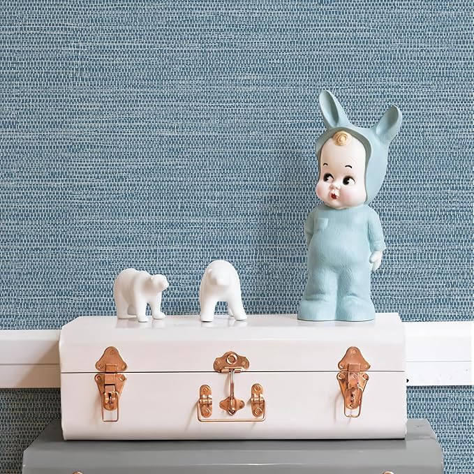JiffDiff Grasscloth Wallpaper Peel and Stick Blue Grassweave Stick on Wallpaper Textured Self Adhesive Contact Paper 17.3"x118"