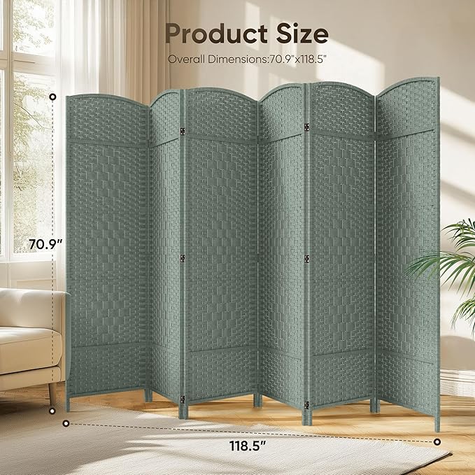 JOSTYLE Room Divider 6 Panel Divider Wall, 6ft Tall Divider for Room Separation, Folding Privacy Screen Panel, Portable Wooden Room Divider Panel, Freestanding Partition Screen, Grey