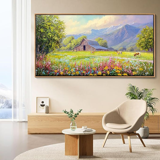 AJAZIKO Rustic Mountain Wall Art - Farmhouse Landscape Wall Decor with Highland Cow & Floral Art - Nature & Country Artwork for Living Room, Bedroom & Walls - Framed Flower Pictures for Home 29x58IN