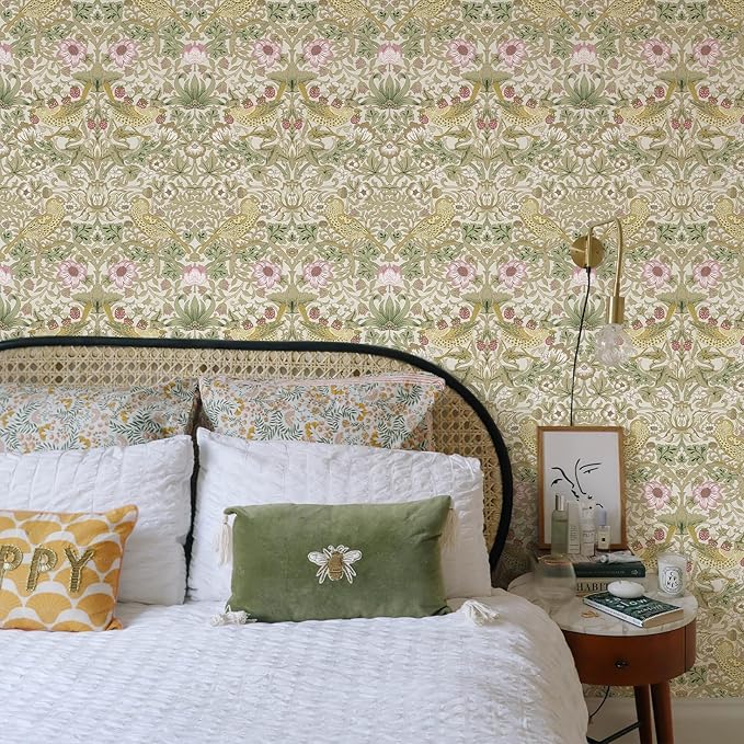 17.7x394 in White Peel and Stick Wallpaper Floral Wallpaper Flower/Strawberry/Bird Wallpaper Self Adhesive Contact Paper Removable Wall Paper for Living Room Dining Room Kitchen Decor