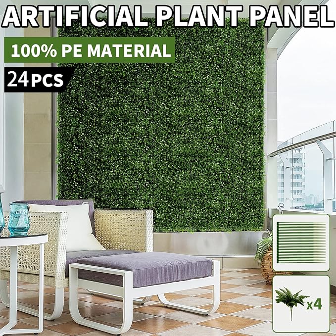 24 Pieces 20"x 20" Artificial Boxwood Panel, Grass Wall Panel, Boxwood Hedge Wall Panels UV Protected Suitable for Artificial Green Wall Decor, Fence Garden Wedding Backyard Decor
