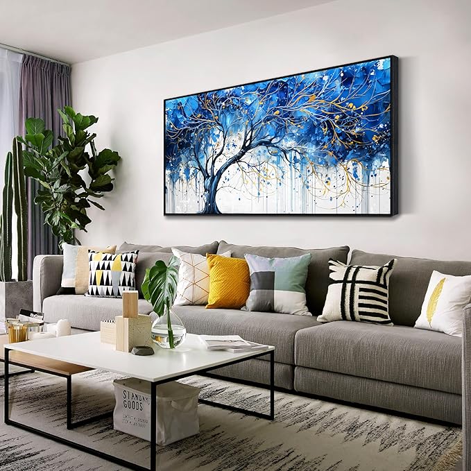 Blue Tree Wall Art Bedroom - Modern Canvas Art Wall Decor for Living Room - Framed Wall Art Size 24" x 48"