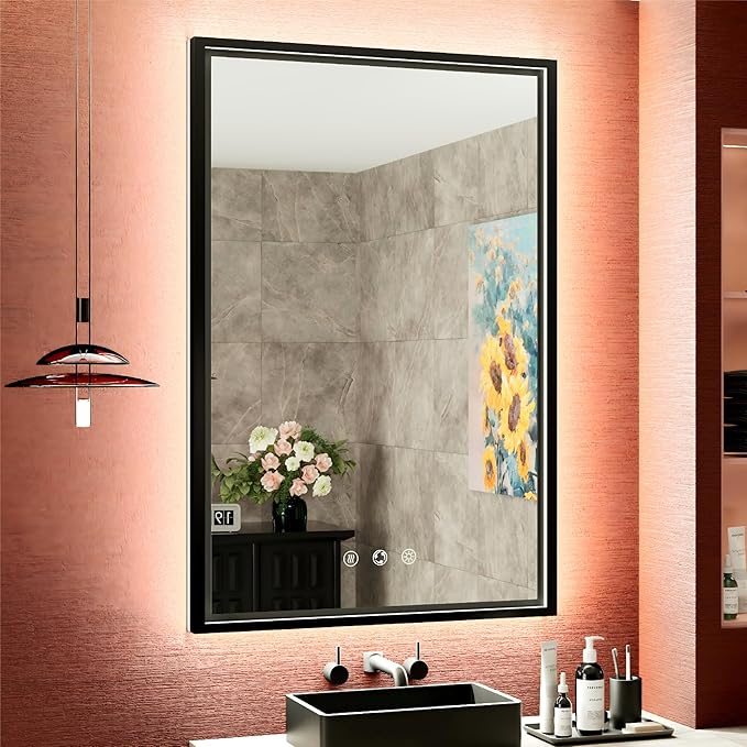 LED Bathroom Mirror with Front and Back Lighting, 3 Color Temp, Dimmable, Anti-Fog, Black Aluminum Frame Wall Mounted Lighted Bathroom Vanity Mirror