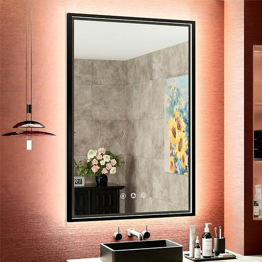 LED Bathroom Mirror with Front and Back Lighting, 3 Color Temp, Dimmable, Anti-Fog, Black Aluminum Frame Wall Mounted Lighted Bathroom Vanity Mirror