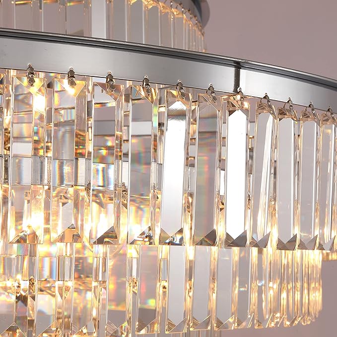 Modern Crystal Chandelier 20" Chrome Round Pendant Light, 4-Tier Luxury Ceiling Light Fixture with Clear Prisms for Dining Room Living Room Foyer