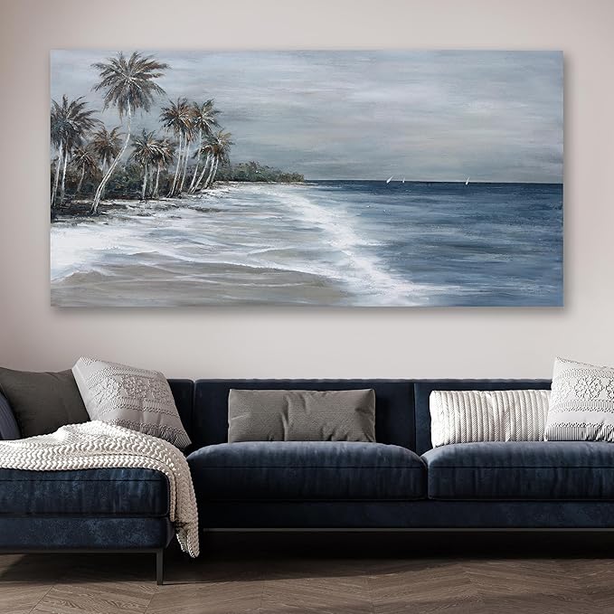 Coastal Wall Art Blue Gray Beach Wall Decor Landscape Abstract Canvas Painting Modern Ocean Artwork Framed for Living Room Bedroom Bathroom Office Decor 20"x40"Can Be Hung Directly