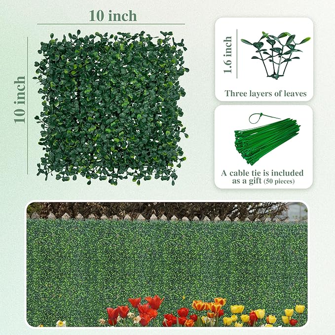 Artificial Greenery Grass Wall Panel, 10x10 Inch 6-Pack (4.2 sqft), UV-Anti Fake Ivy Fence Privacy Screen Green Boxwood Covering for Indoor and Outdoor Home Wall Decor