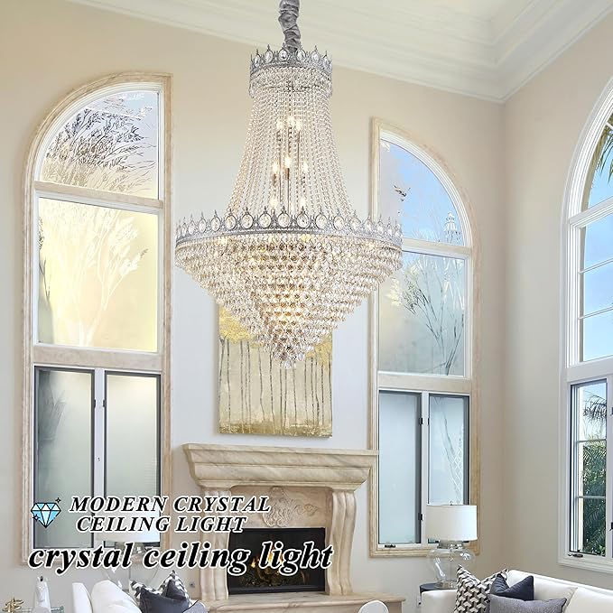 KoKo&Yukina 32" Modern Brushed Nickel Crystal Chandelier - French Empire Round Large High Ceiling Sloped Hanging for Hallway Staircase