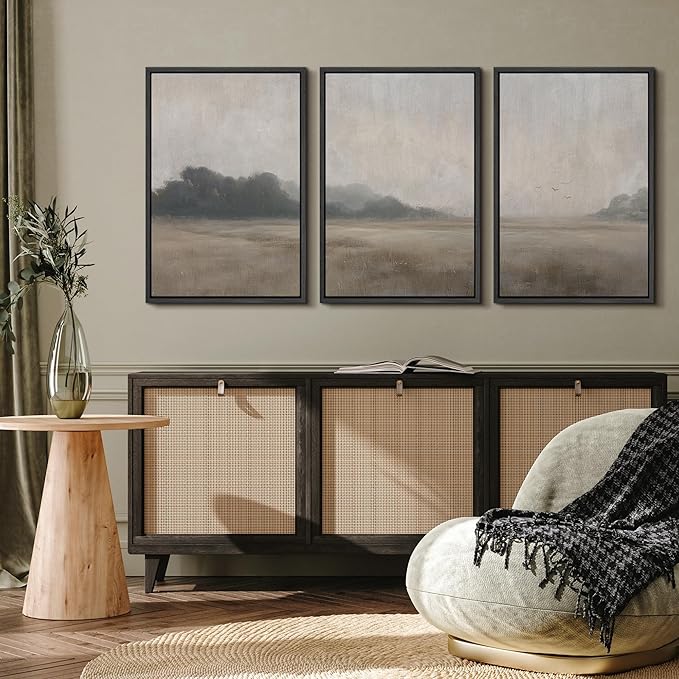 MUDECOR Framed Wall Art Print Set Serene MeadowTranquil Landscape with Foggy Fields and Distant Trees Illustrations Realism Decorative for Living Room, Bedroom, Office - 24"x36"x3 Black