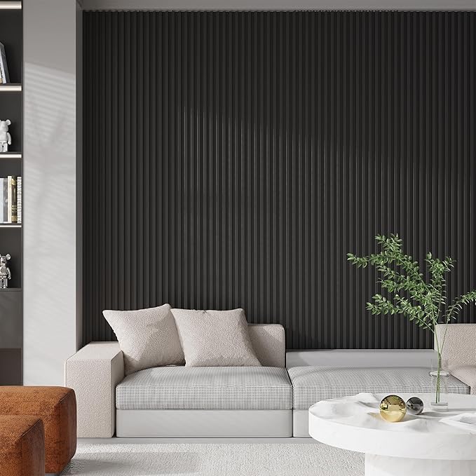8-Pack WPC Slat Wall Panels - 3D Wall Panels, Water-Proof and Easy Installation, Accent Slat Wall Paneling for Living Room, Office,Black, 96 x 6.6 Inch