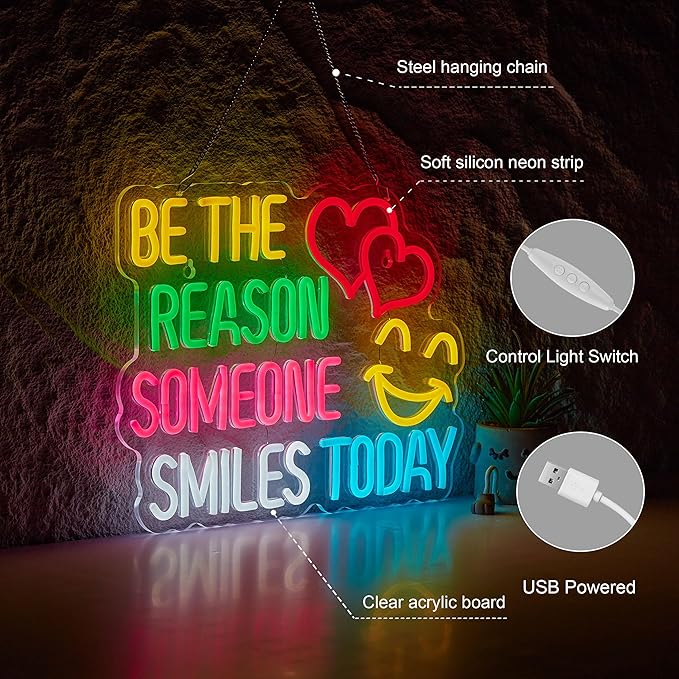 Be The Reason Someone Smiles Today Neon Sign for Wall Décor Motivational Neon Light USB Powered LED Dimmable Inspirational Sign with Classroom Office Bedroom Living Room Decor