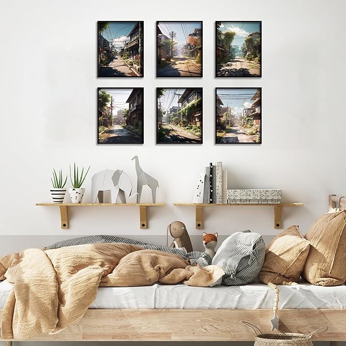 Luodroduo Japanese Wall Art Set of 6 Japan Rural Architecture Abstract Scenery Illustration Wall Decor Countryside Streets Canvas Art Poster for Living Room Bedroom Wall Art (D, 11"x14" UNFRAMED)