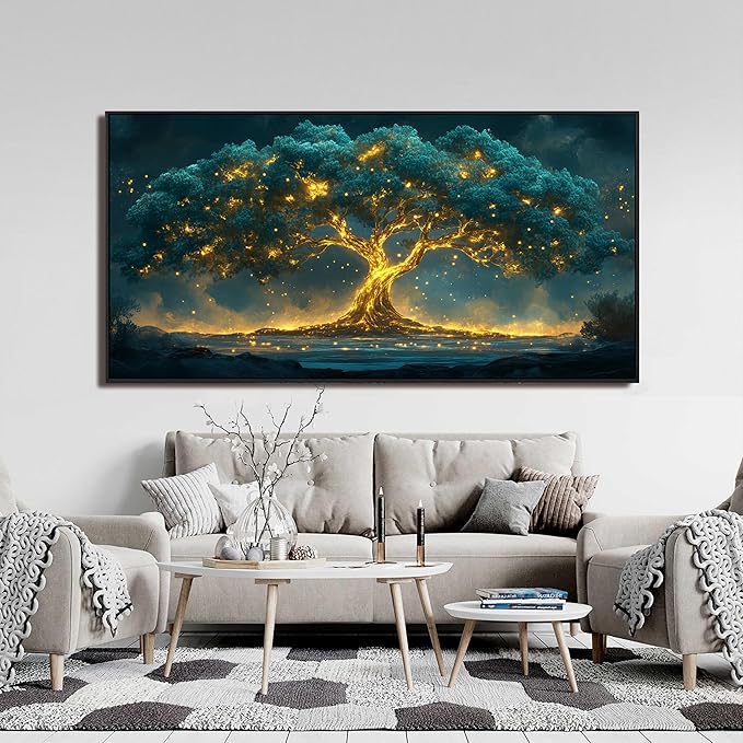 Canvas Framed Wall Art Decor Artwork for Walls Oversized Green Gold Wall Art Prints Large Tree of Life Wall Art for Living Room Canvas Art Wall Decor Modern Home Office Aesthetic Wall Art Decor 29" x 58"