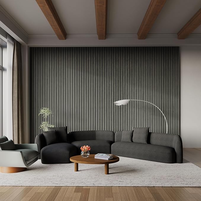 94" x 12.6" 3D Acoustic Slat Wood Wall Panels | Modern Sound-Dampening & Eco-Friendly Design (2-Piece Set) (Urban Slate)