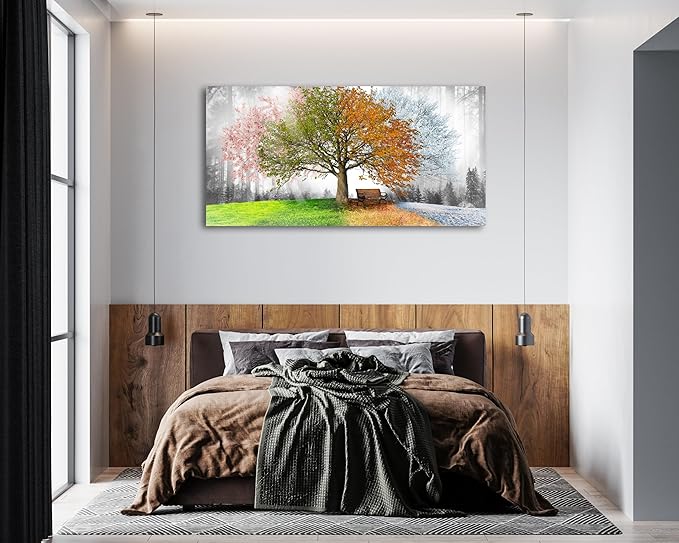 Jiuqinghua Canvas Prints Wall Art Decor Large Four Seasons Tree Picture 1 Panel Spring Summer Autumn Winter Tree Painting Artwork for Dining Room Kitchen Home Decor Stretched and Framed Ready to Hang