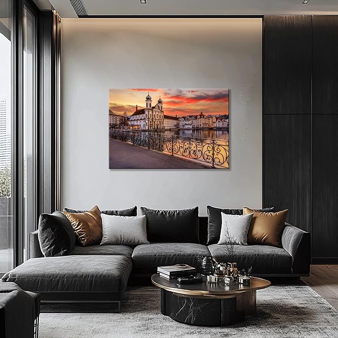 Mordern 1Pcs European Cityscape Canvas Wall Art Scenic Sunset Over River Cathedral with Domes Ready to Hang Architecture Romantic Travel Destination Decorative Framed Artwork for Living Rooms Bedrooms