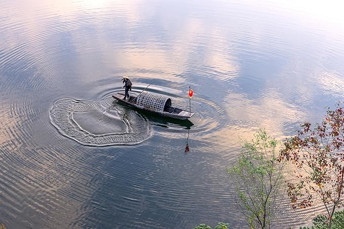 Oriental Beauty: Stunning Feng Shui Landscape Wall Art Prints for Home Decor in 3 Sizes (Silent Waters: Traditional Boatman at Dawn, 20" x 30")