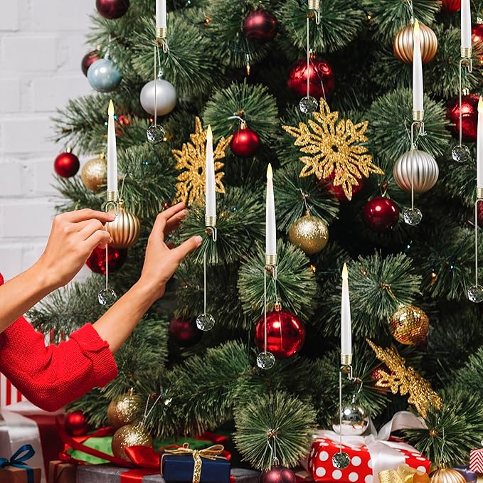 Christmas Tree Candles, 10 Pack Flameless Taper Candles for Christmas Tree Decor, Fake LED Candle Battery Operated with Remote for Xmas Wedding Home Gift with Crystal Ball Hook