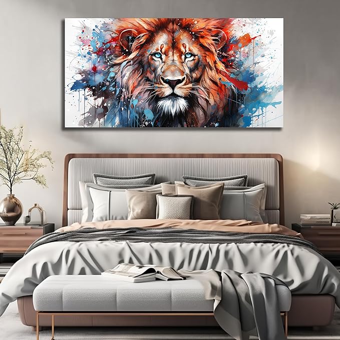 Lion Picture Wall Art For Bedroom Modern Large Wall Decor For Living Room Brown and Blue Canvas Wall Art For Office Size 36 x 72 Inch