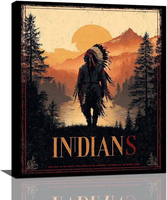 Native American Wall Art Indian Tribe Wall Decor Canvas Pictures Vintage Landscape Paintings Prints Traditional Artwork Framed Decorations For Bathroom Bedroom Living Room Office Gifts 20" x 24"