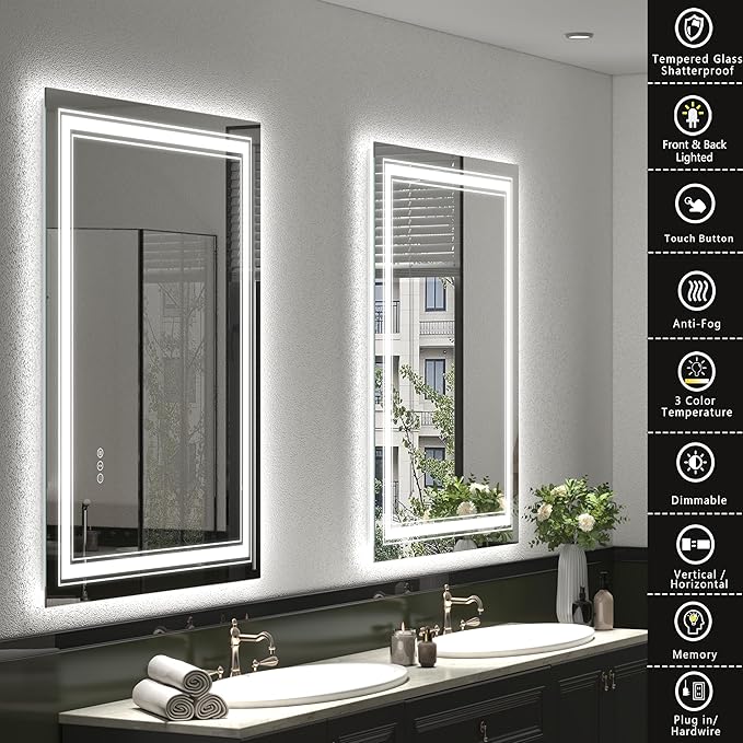 28x32 LED Bathroom Mirror, Lighted Mirror for Bathroom Wall, Backlit and Front lit, Dimmable, Anti-Fog, Shatterpoof, Memory (Horizontal/Vertical)