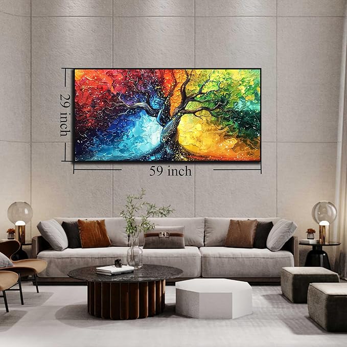 Colorful Tree Canvas Wall Art Living Room - Girl Bedroom Decor with Black Framed Ready to Hang Size 29" x 59"