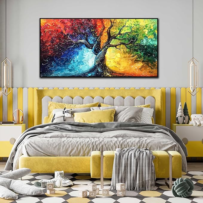 Colorful Tree Canvas Wall Art Living Room - Girl Bedroom Decor with Black Framed Ready to Hang Size 29" x 59"